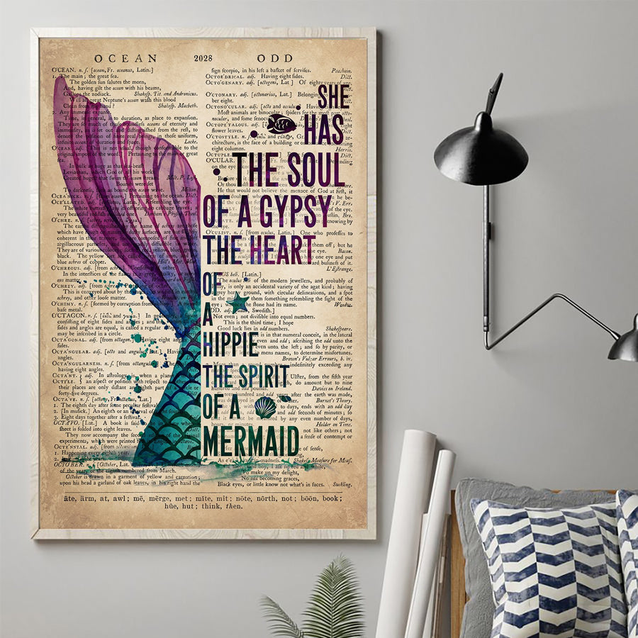 She has the soul of a gypsy a hippie a mermaid poster, vintage mermaid poster, Gift for women, Mermaid lover gift, Wall Art Decor,Home Decor