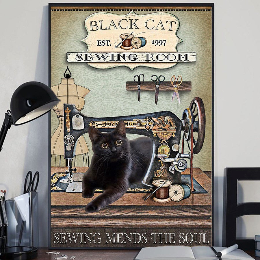 Sewing room sewing mends the soul sewing poster, funny black cat poster, Machine Poster, Sewing Gift for women, Craft Room, Wall Art Decor, home decor