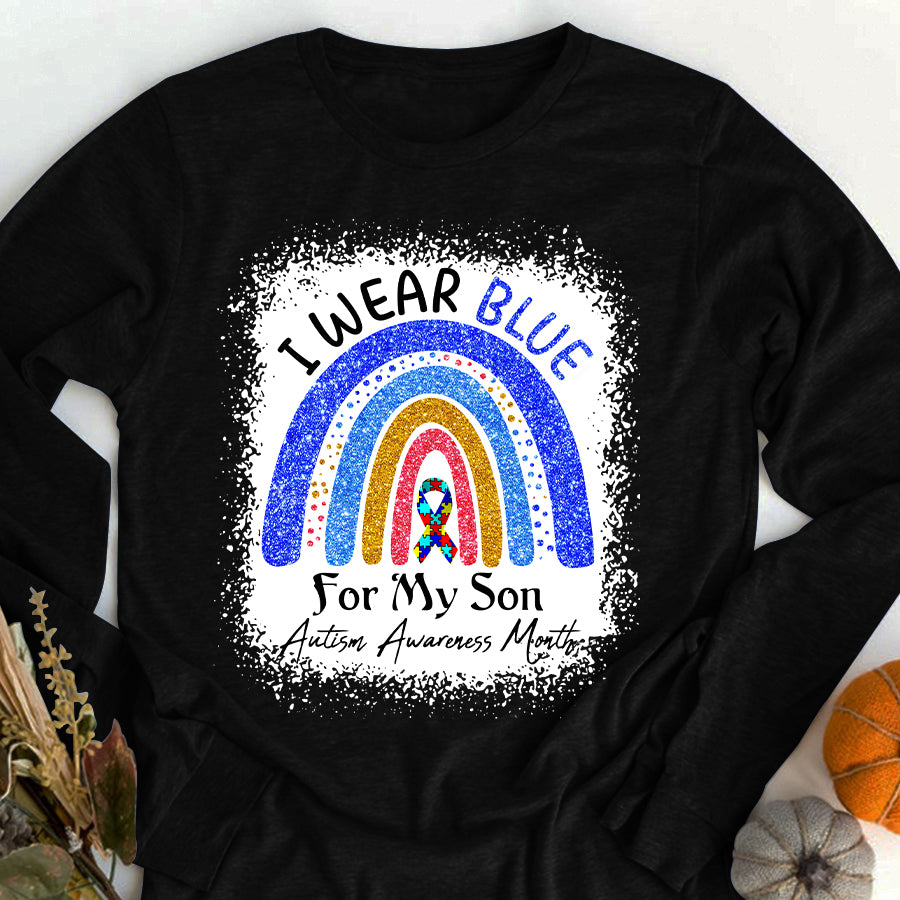 I Wear Blue For My Son Autism Awareness Rainbow T-Shirt Dad Mom Autism Awareness Shirt