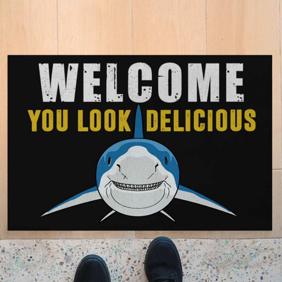 Welcome you look delicious shark doormat, Gift For Shark Lovers, Doormat home decor