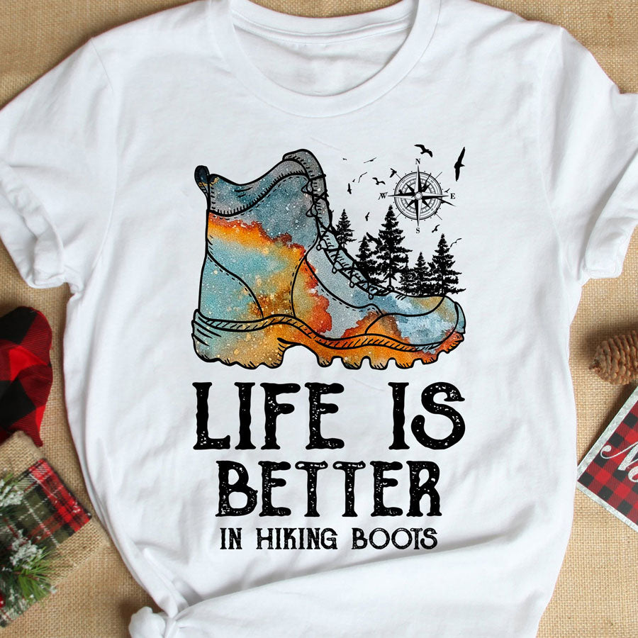 Life is better in hiking boots t shirt, hot trend t shirt, Hiking Gift t shirt, Hiking Unisex Cotton T Shirt