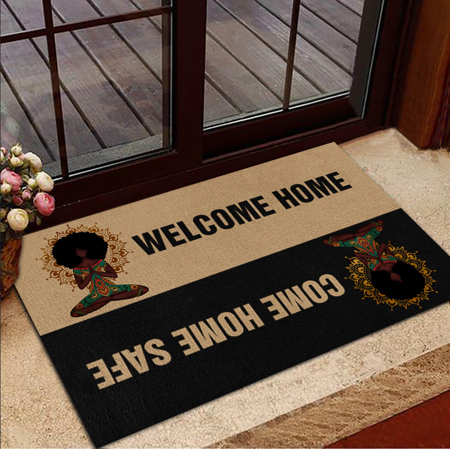 Welcome home, come home safe black yoga doormat for yoga room, meditation room