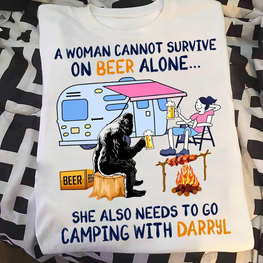 a woman cannot survive on beer alone camping with darryl camping t shirt, cute t shirt, Campers Gift, Camping lover unisex cotton t shit