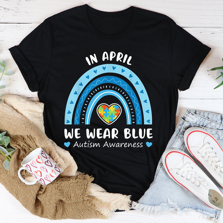 Autism Awareness Shirt In April We Wear Blue Autism Awareness Rainbow Puzzle Love T-Shirt Autism Ribbon Shirts
