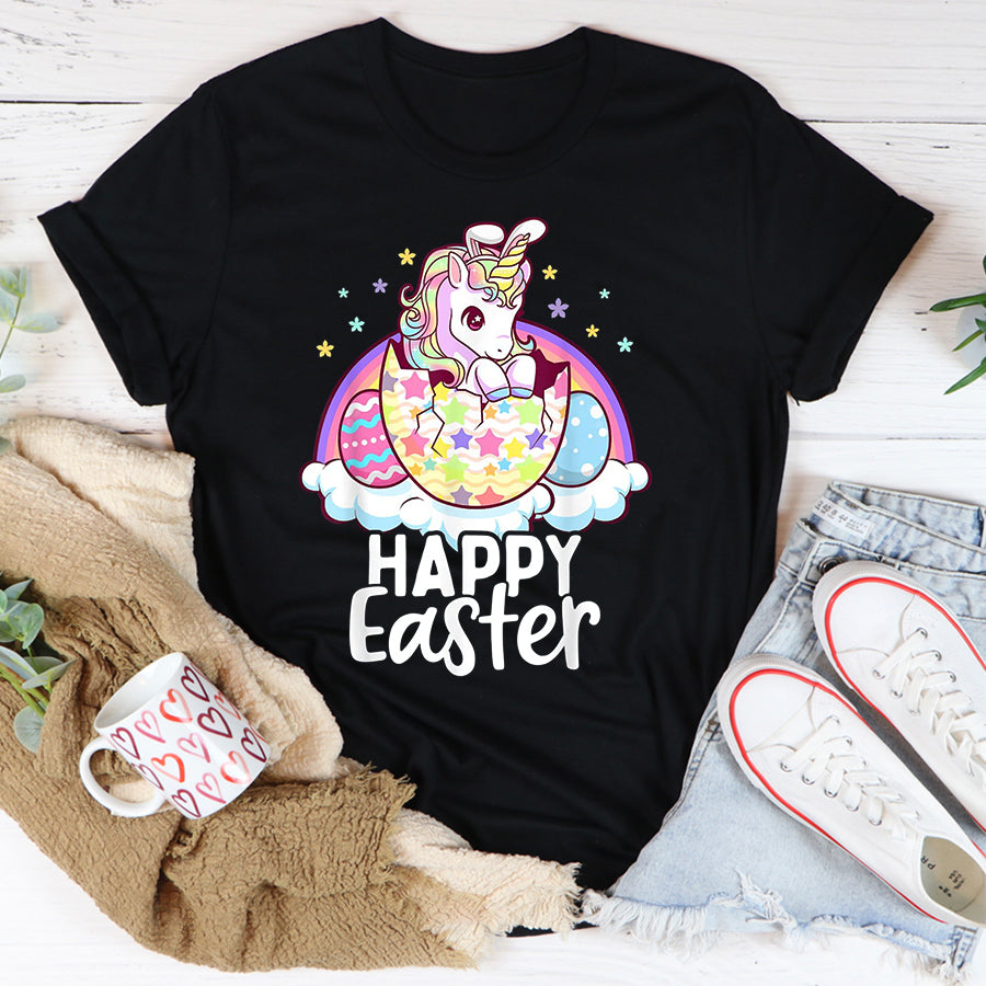Easter Shirt Happy Easter Unicorn Bunny Girls Kids Easter Eggs T-Shirt Funny Easter Gift For Kids