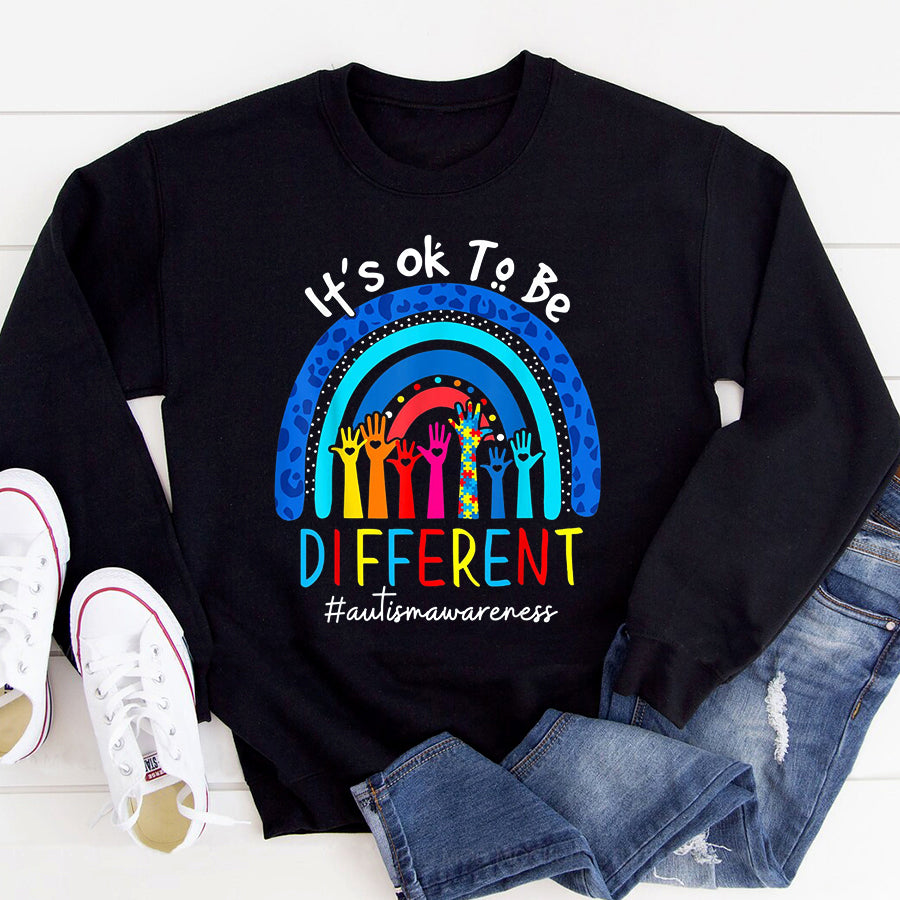 Autism Awareness Shirt It&#39;s Ok To Be Different Autism Awareness Leopard Rainbow T-Shirt Autism Ribbon Shirts