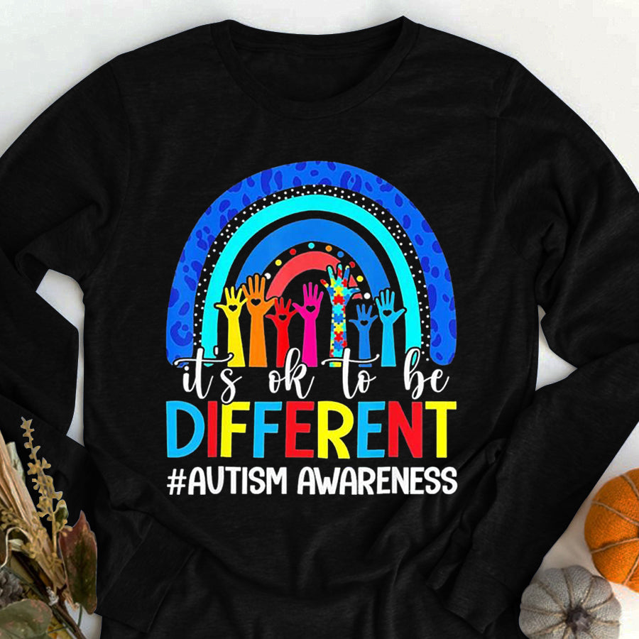 Autism Awareness Shirt It&#39;s Ok To Be Different Autism Awareness Leopard Rainbow T-Shirt Autism Ribbon Shirts