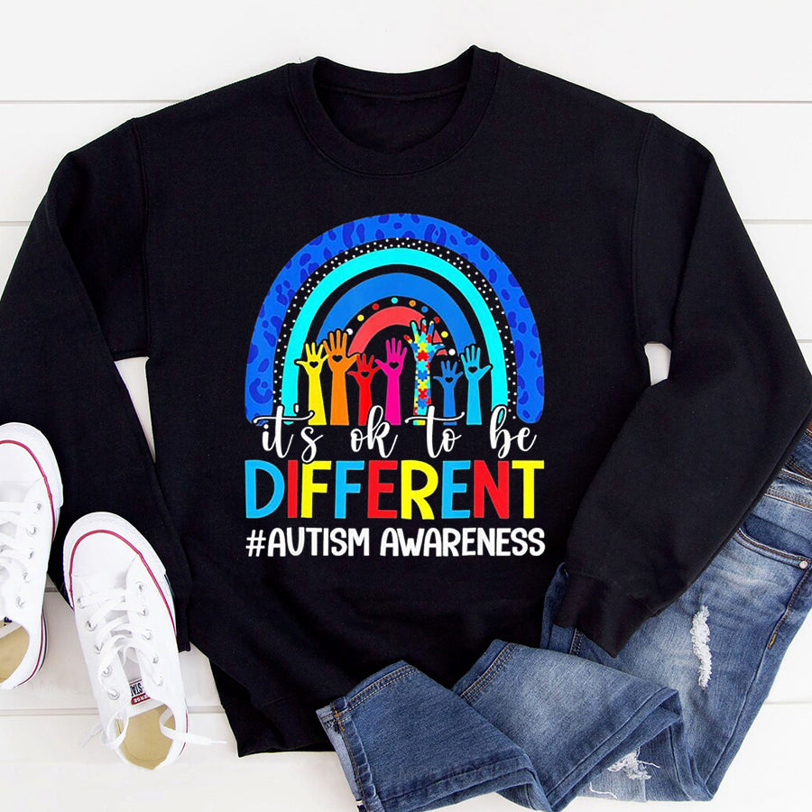 Autism Awareness Shirt It&#39;s Ok To Be Different Autism Awareness Leopard Rainbow T-Shirt Autism Ribbon Shirts