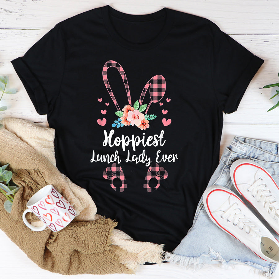 Easter Shirt Hoppiest Lunch Lady Ever Leopard Women Girl Easter Day Bunny T-Shirt Funny Easter Gift For Girls and Women