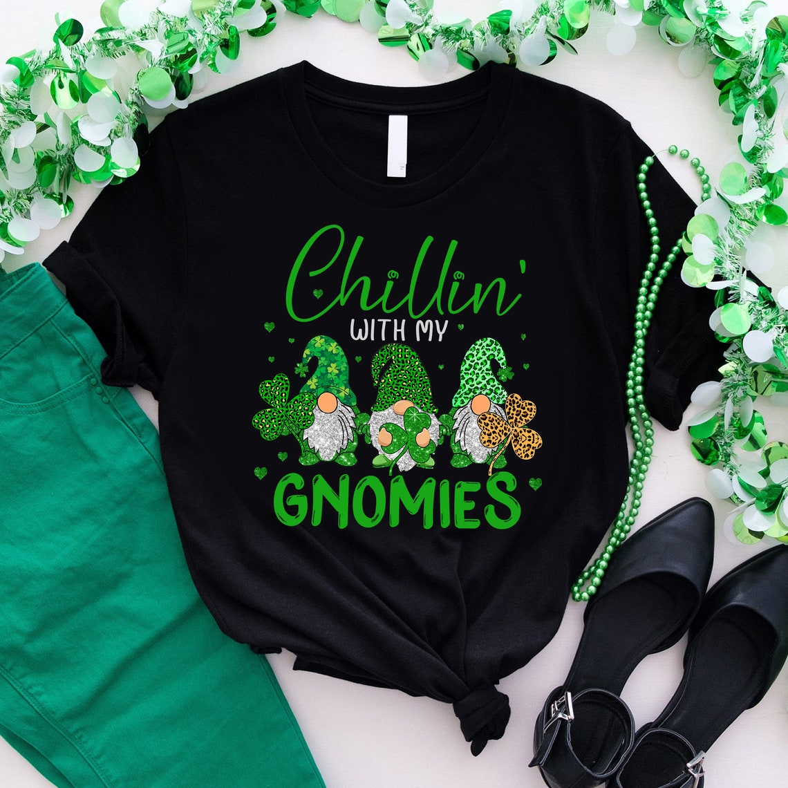 Chillin With My Gnomies Three Gnomes Holding Shamrock Leopard Plaid St Patrick&#39;s Day T-Shirt Matching St Patrick&#39;s Day Gnome Lucky Shirt
