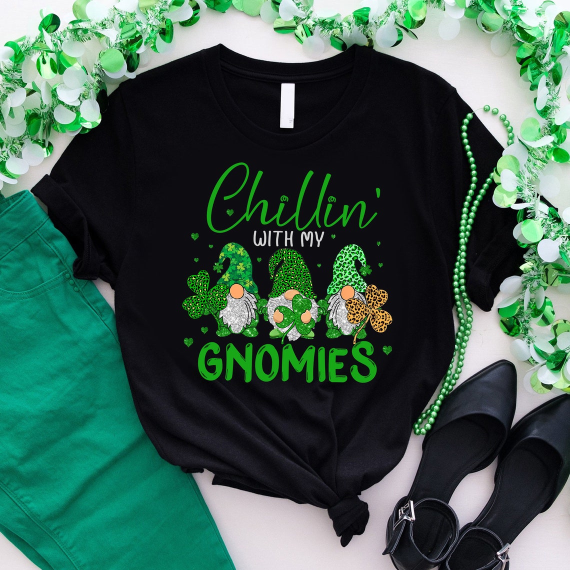 Chillin With My Gnomies Three Gnomes Holding Shamrock Leopard Plaid St Patrick's Day T-Shirt Matching St Patrick's Day Gnome Lucky Shirt