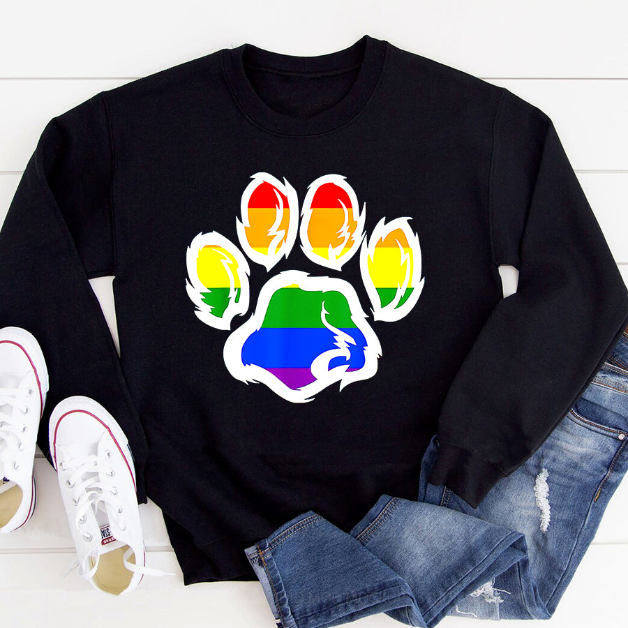 LGBT Shirts, Rainbow Pride Shirt, LGBT Ally Furry Pride Rainbow Fursuit Dog Paw Print T-Shirt