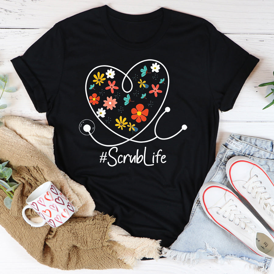 Easter Shirt Spring Floral Stethoscope Happy Easter Scrub Life T-Shirt Funny Easter Gift