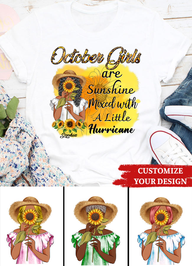 Sunshine Mixed With A Little Hurricane - Personalized shirt - Birthday Gift For Girl, Woman, Hippie, Country Girl - Sunflower Girl. October Birthday Shirt, October Birthday Gifts