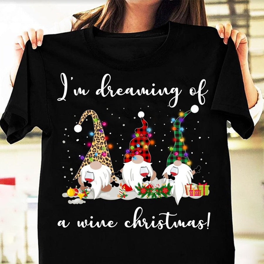 I'm dreaming of a wine Christmas t Shirt, Funny xmas shirts, Christmas Gift, Family Christmas Shirt, Gnome wine lover cotton shirt for women