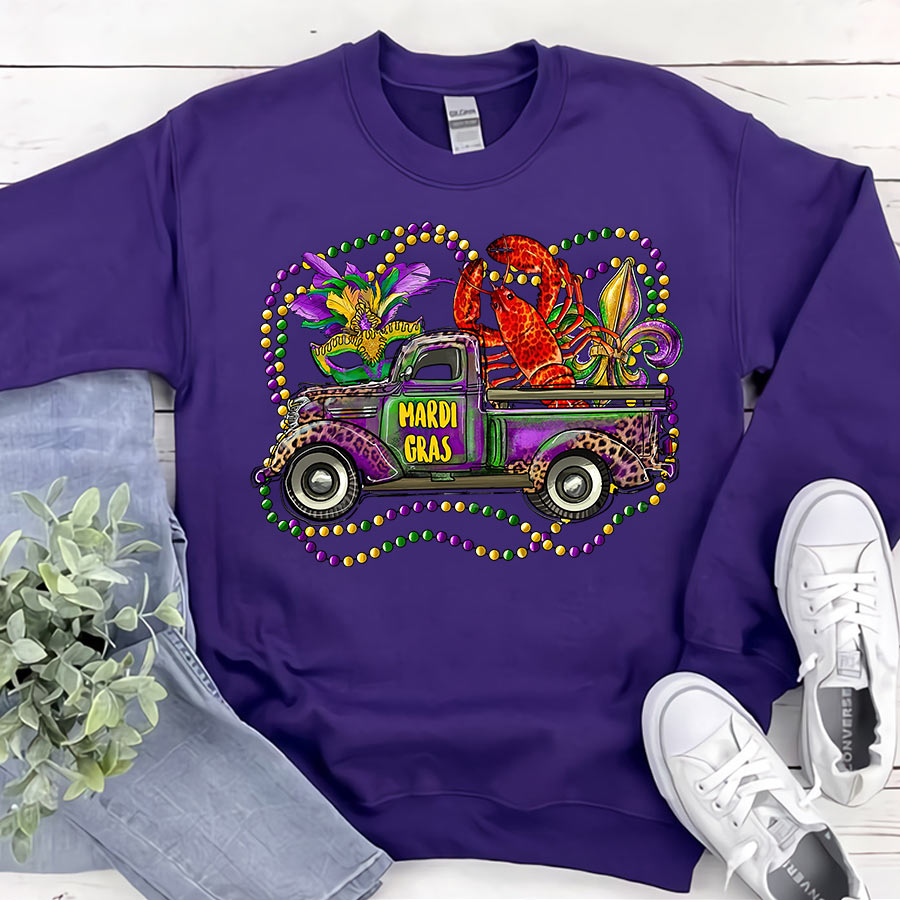 Mardi Gras Truck With Mask Fleur De Lis And Crawfish Shirts, Mardi Gras Shirt, Mardi Gras Truck Gifts