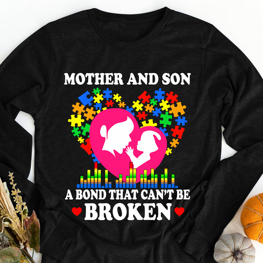 Mom Autism Awareness T-Shirt Mother And Son A Bond That Can&#39;t Be Broken Autism Awareness Shirt Autism Ribbon Gift For Women