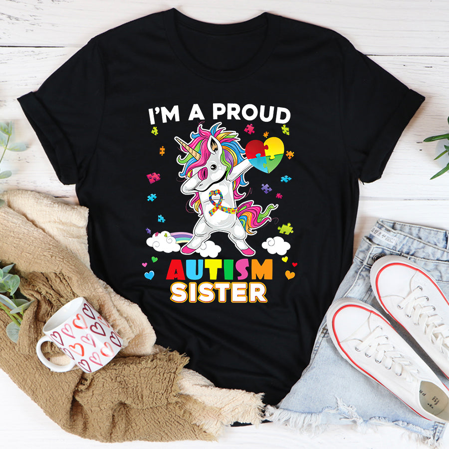 I'm A Proud Sister Dabbing Unicorn Autism Awareness Puzzle T-Shirt Autism Awareness Shirt