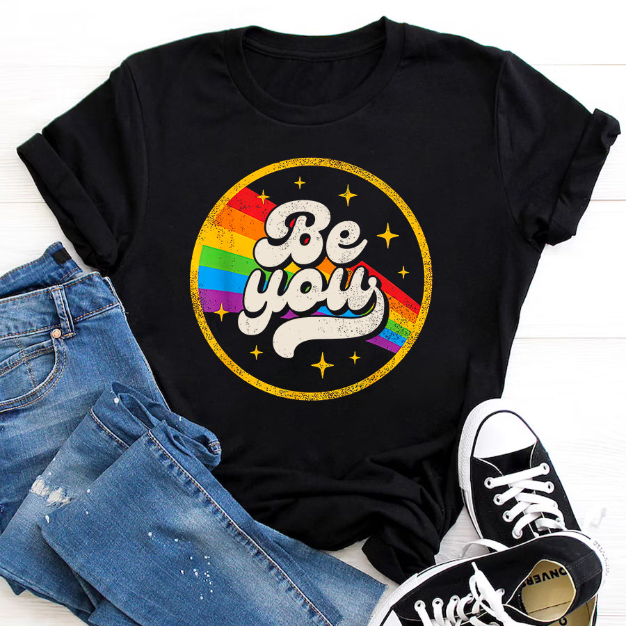 LGBT Shirts, Rainbow Pride Shirt, Be You Pride LGBTQ Gay LGBT Ally Rainbow Flag Retro Vintage T-Shirt
