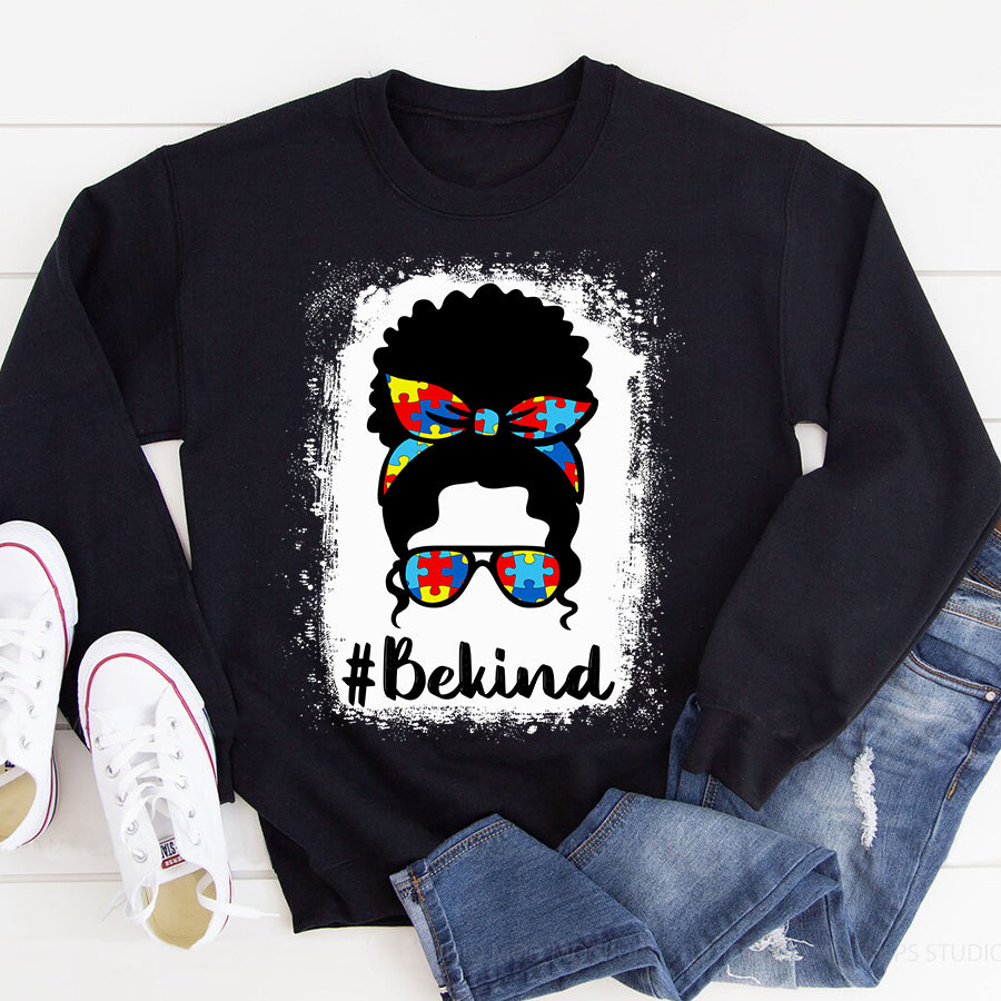 Autism Mom Shirt Bleached Be Kind Autism Awareness Black Afro Messy Bun T-Shirt Mothers Day Shirts for Women