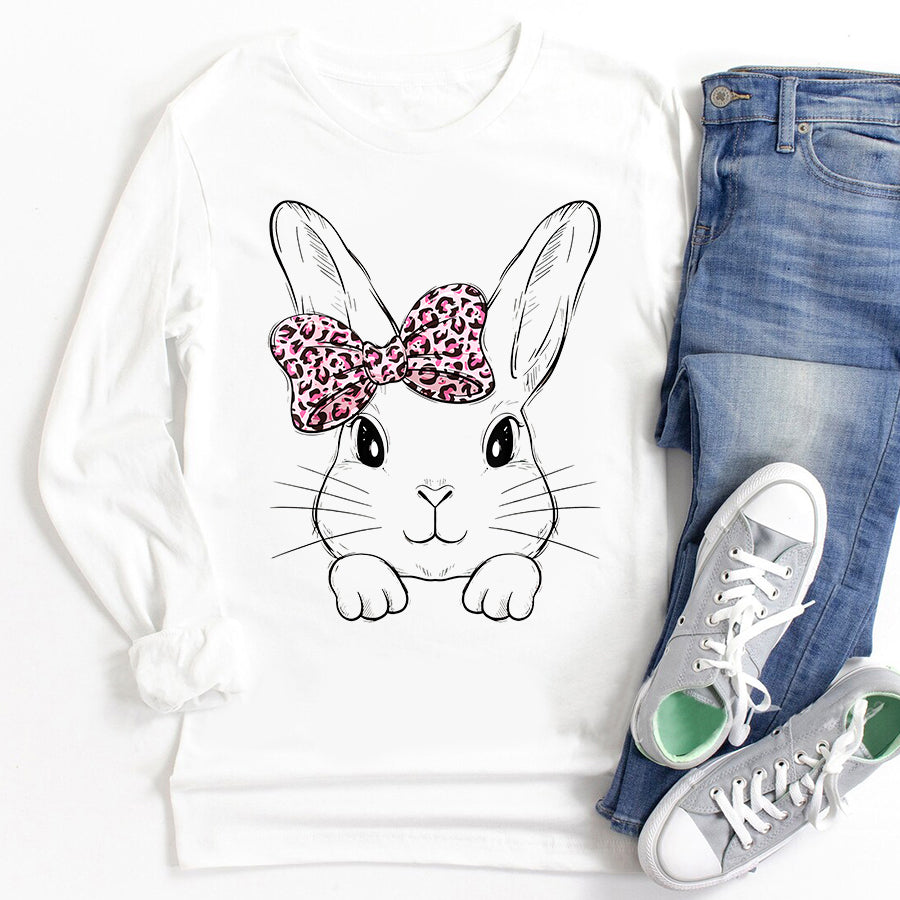 Easter Shirt Cute Bunny Face Leopard Bow Tie Easter Day T-Shirt Funny Easter Gift For Girls and Women