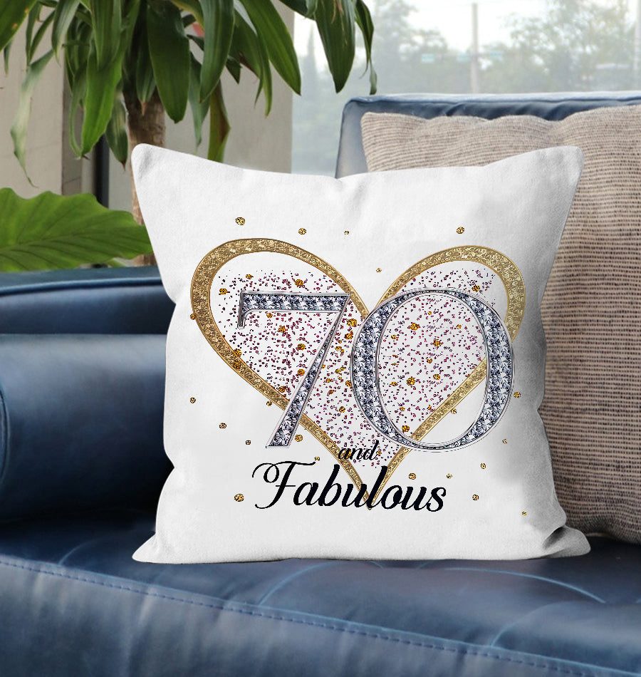 70th Birthday Gift Milestone Cushion-70 and Fabulous White Super soft Cushion Cover