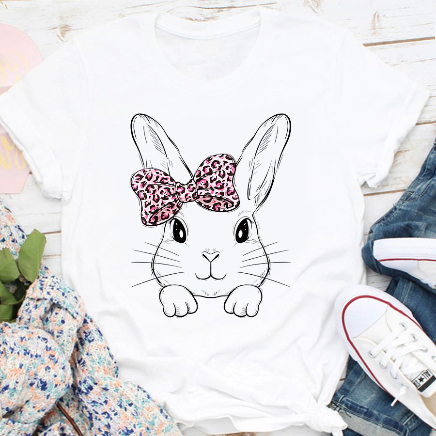 Easter Shirt Cute Bunny Face Leopard Bow Tie Easter Day T-Shirt Funny Easter Gift For Girls and Women
