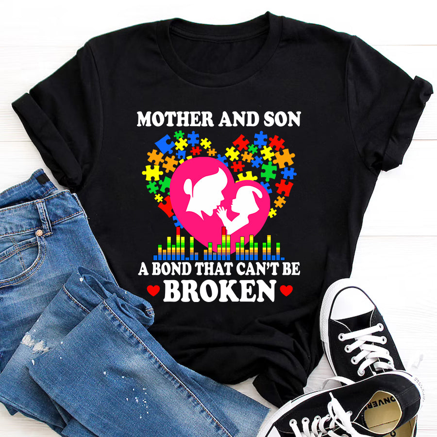Mom Autism Awareness T-Shirt Mother And Son A Bond That Can't Be Broken Autism Awareness Shirt Autism Ribbon Gift For Women