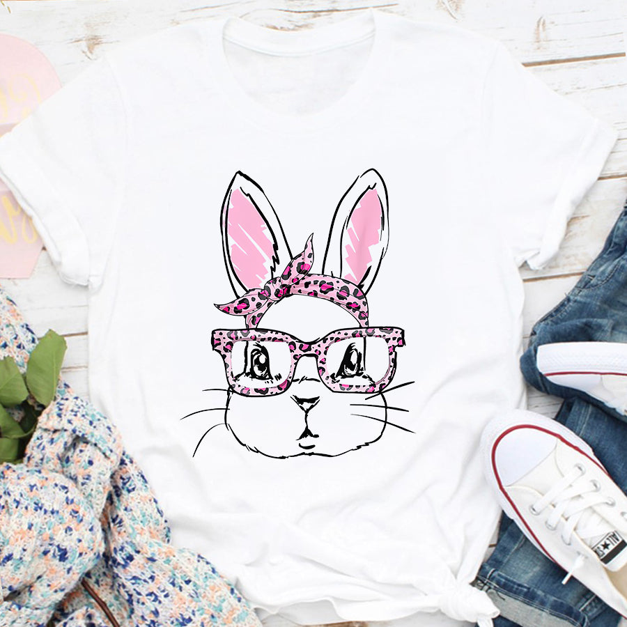 Easter Shirt Cute Bunny Face Leopard Bow Tie Easter Day T-Shirt Funny Easter Gift For Girls and Women
