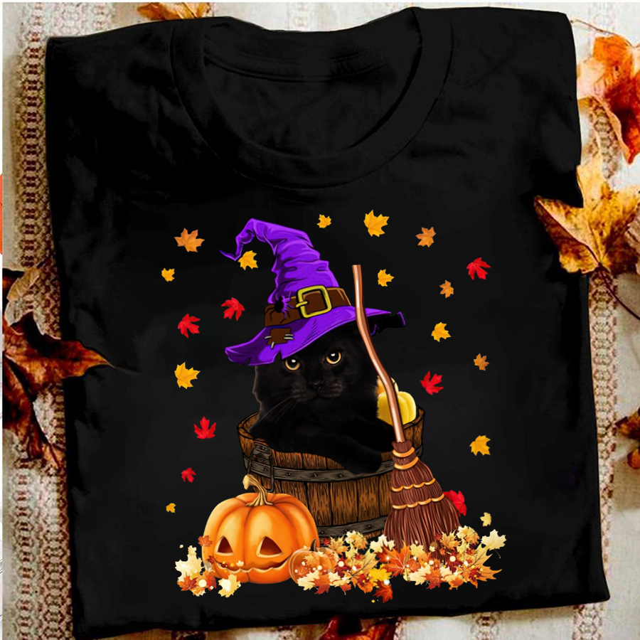 Black Cat Pumpkin Halloween Vintage Cotton T Shirt, Funny Halloween Shirt, Gift Halloween, Pumpkin Shirt For Women