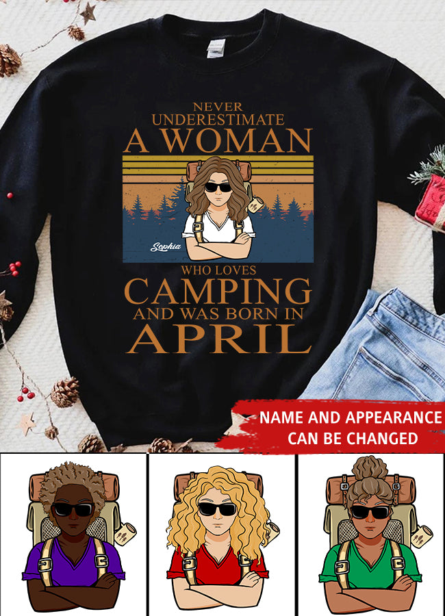 April Birthday Shirt, Custom Birthday Shirt, Camping Birthday Shirt, Never underestimate a Woman Who Loves Camping, Campers Gift, Camping Lover Unisex Cotton T Shirt