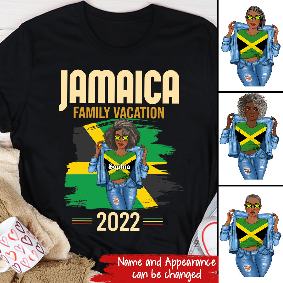 Jamaica Girl Queen Shirt Jamaincan Queen African American Afro Woman Jamaica Flag Gift Jamaica Family Vacation 2022 Jamaican Holiday Caribbean Trip T-Shirt