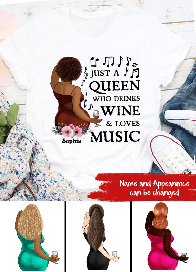 Just A Queen Loves Music &amp; Wine, Personalized Shirt, Gift For Black Queen, Music Lovers, Wine Lovers
