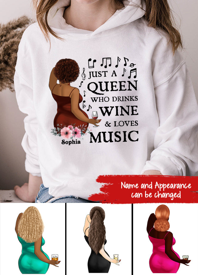 Just A Queen Loves Music &amp; Wine, Personalized Shirt, Gift For Black Queen, Music Lovers, Wine Lovers