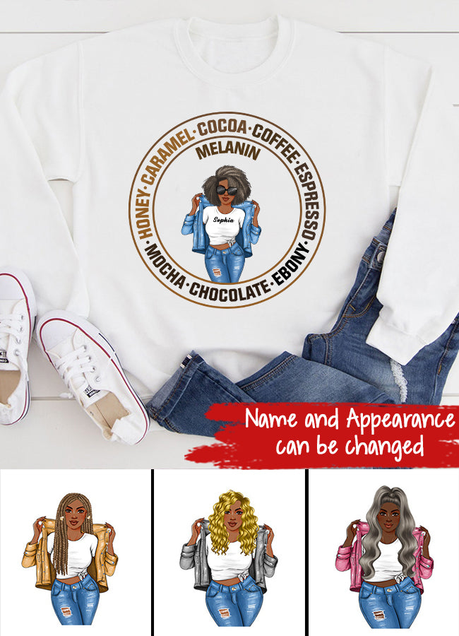 Melanin Shirt, Ebony Chocolate Mocha Espresso Coffee Cocoa Caramel, Nubian Melanin Black Girl Shirt, Afro Woman Shirt, Black Queen Shirt