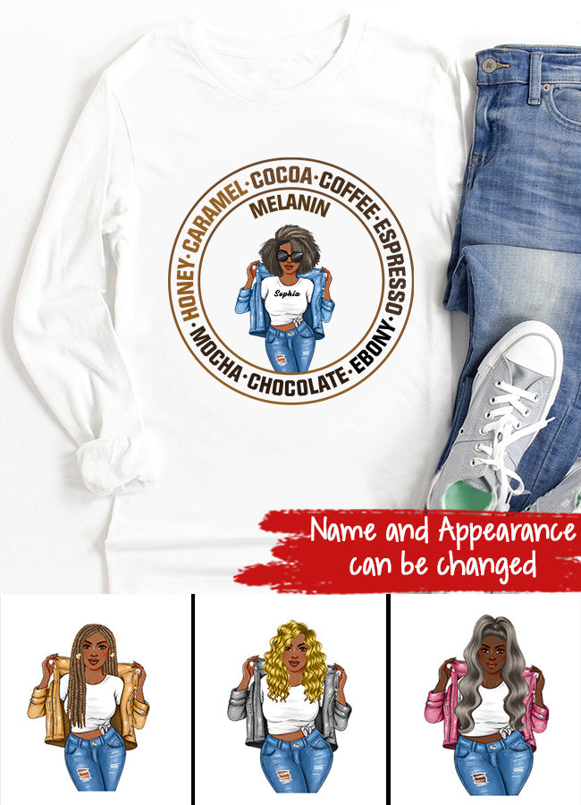 Melanin Shirt, Ebony Chocolate Mocha Espresso Coffee Cocoa Caramel, Nubian Melanin Black Girl Shirt, Afro Woman Shirt, Black Queen Shirt