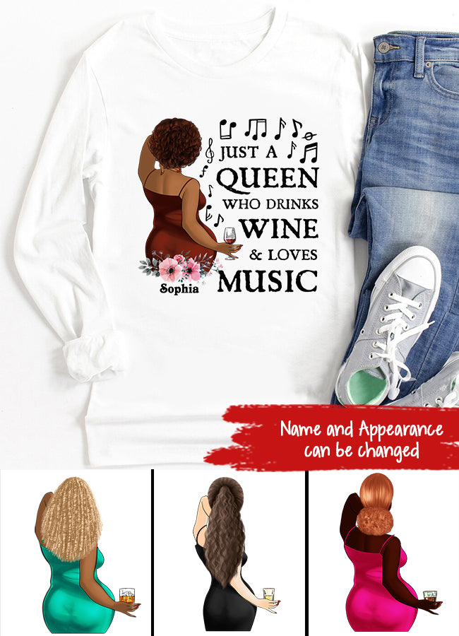 Just A Queen Loves Music &amp; Wine, Personalized Shirt, Gift For Black Queen, Music Lovers, Wine Lovers