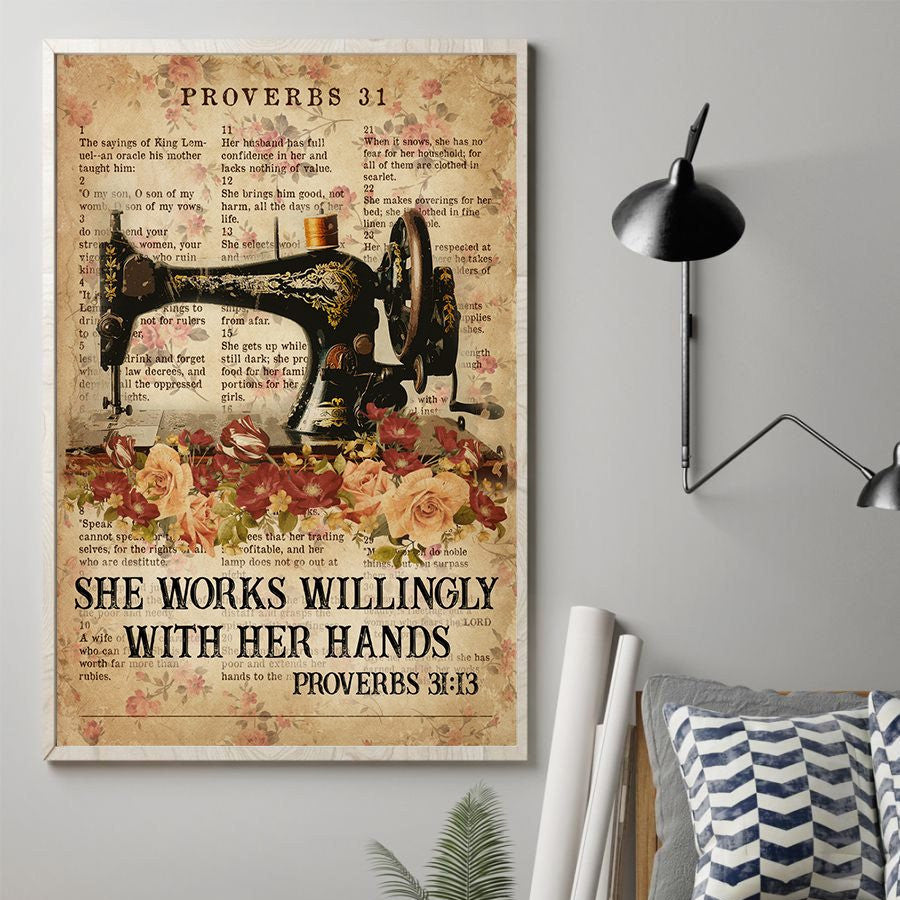 She works willingly with her hands sewing poster, Machine Poster, Sewing Gift for women, Craft Room, home decor