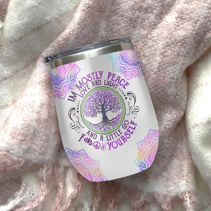 I&#39;m Mostly Peace Love And Light Yoga Wine Tumbler, Yoga Queen Mandala Hippie, Gift For Yoga Lovers