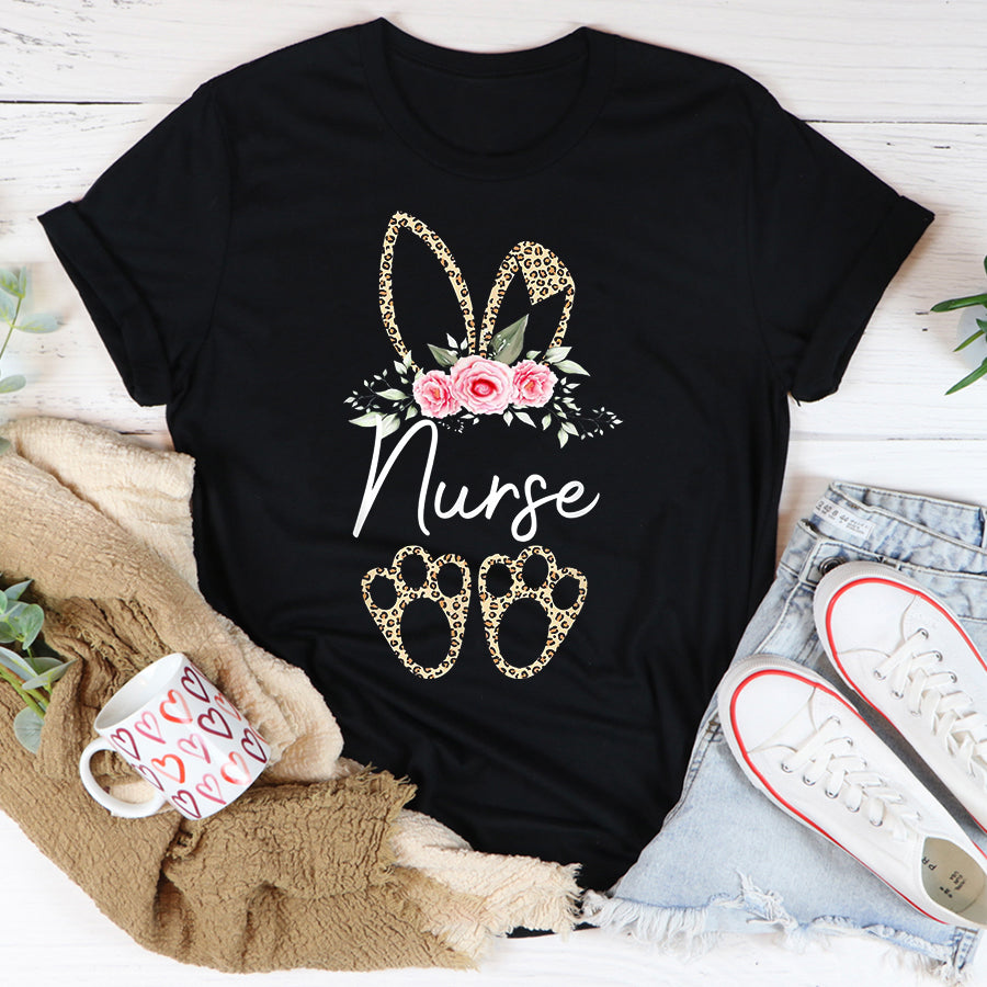 Easter Shirt Leopard Easter Bunny Nurse Happy Easter Day T-Shirt Funny Easter Gift For Girls and Women